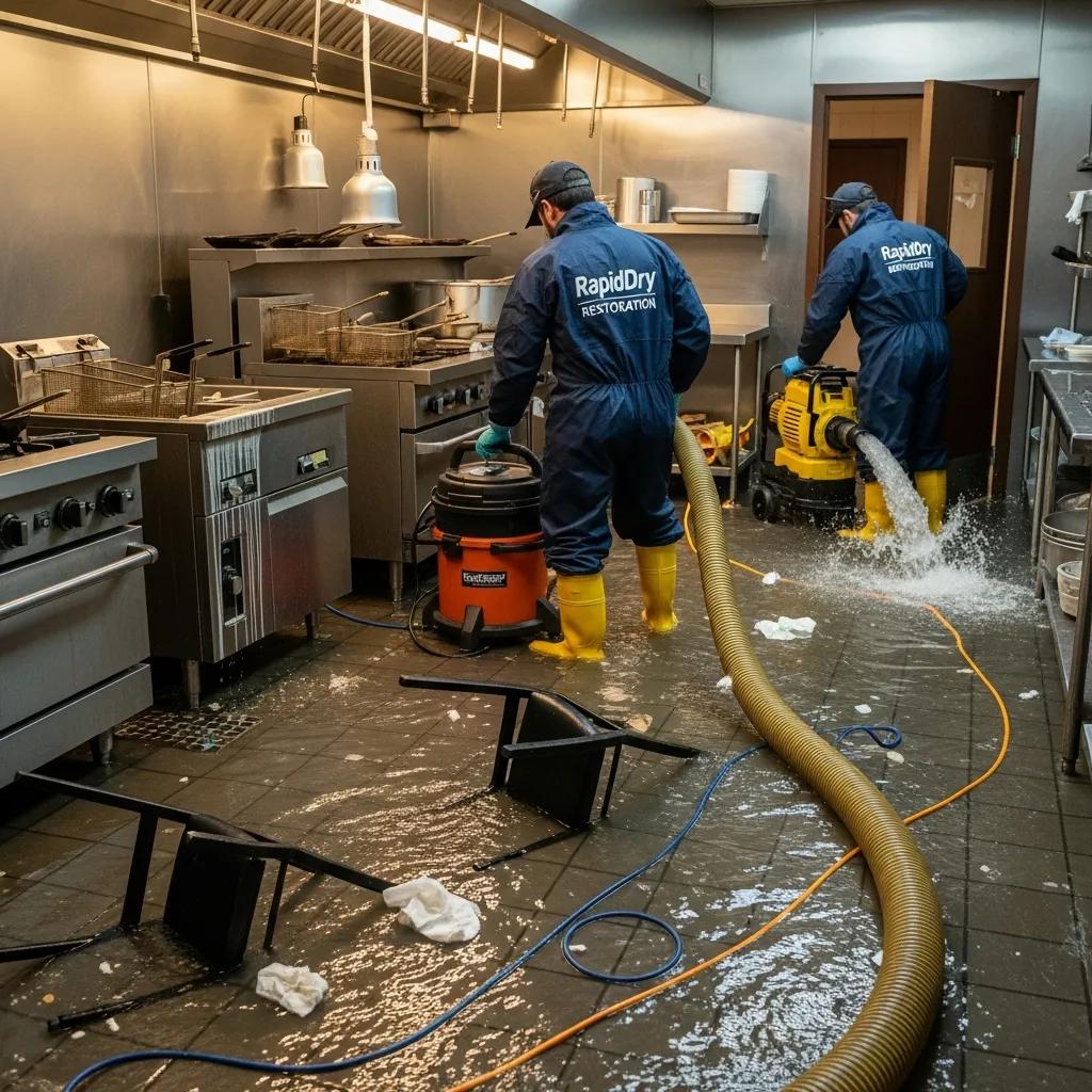 Restoration professionals conducting emergency water extraction in a flooded restaurant kitchen