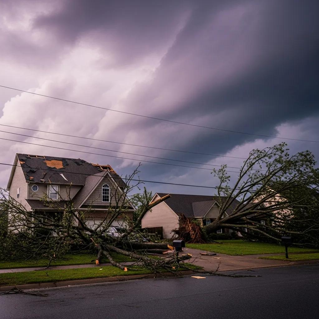 Storm damage in Nashville neighborhood with visible roof damage and fallen branches