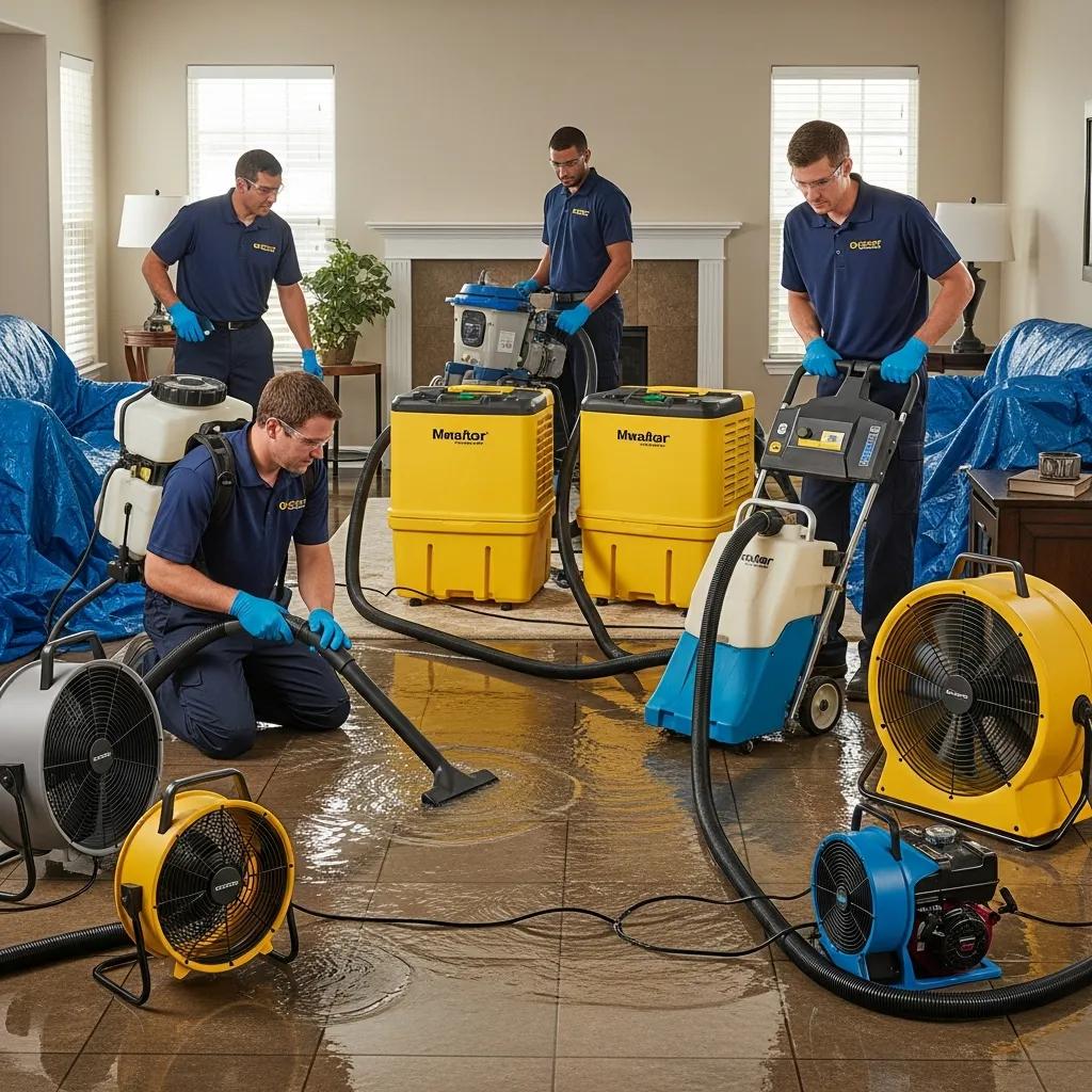 Team performing emergency water extraction and drying in a flooded home