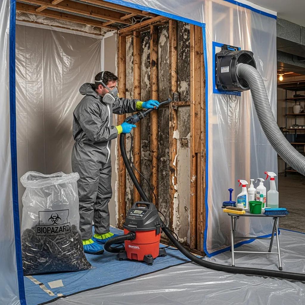 Technician conducting mold remediation in a water-damaged area