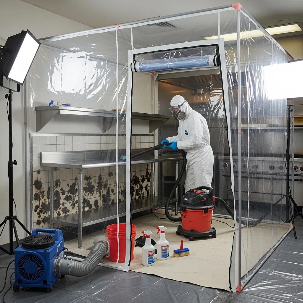 Technician performing mold remediation in a restaurant, highlighting best practices for prevention