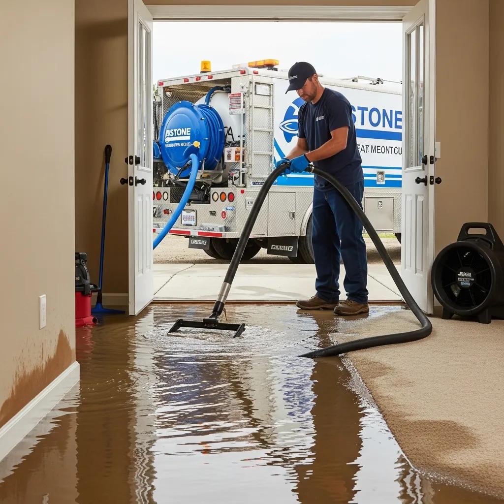 Technician using truck-mounted extractor for emergency water removal in a flooded home