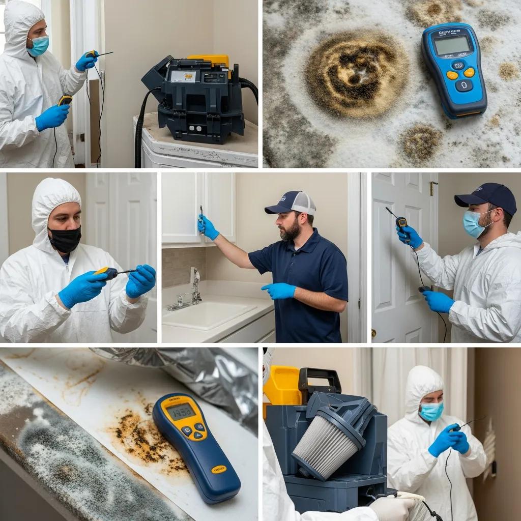 Technicians conducting mold remediation in a Nashville home with visible mold and safety equipment