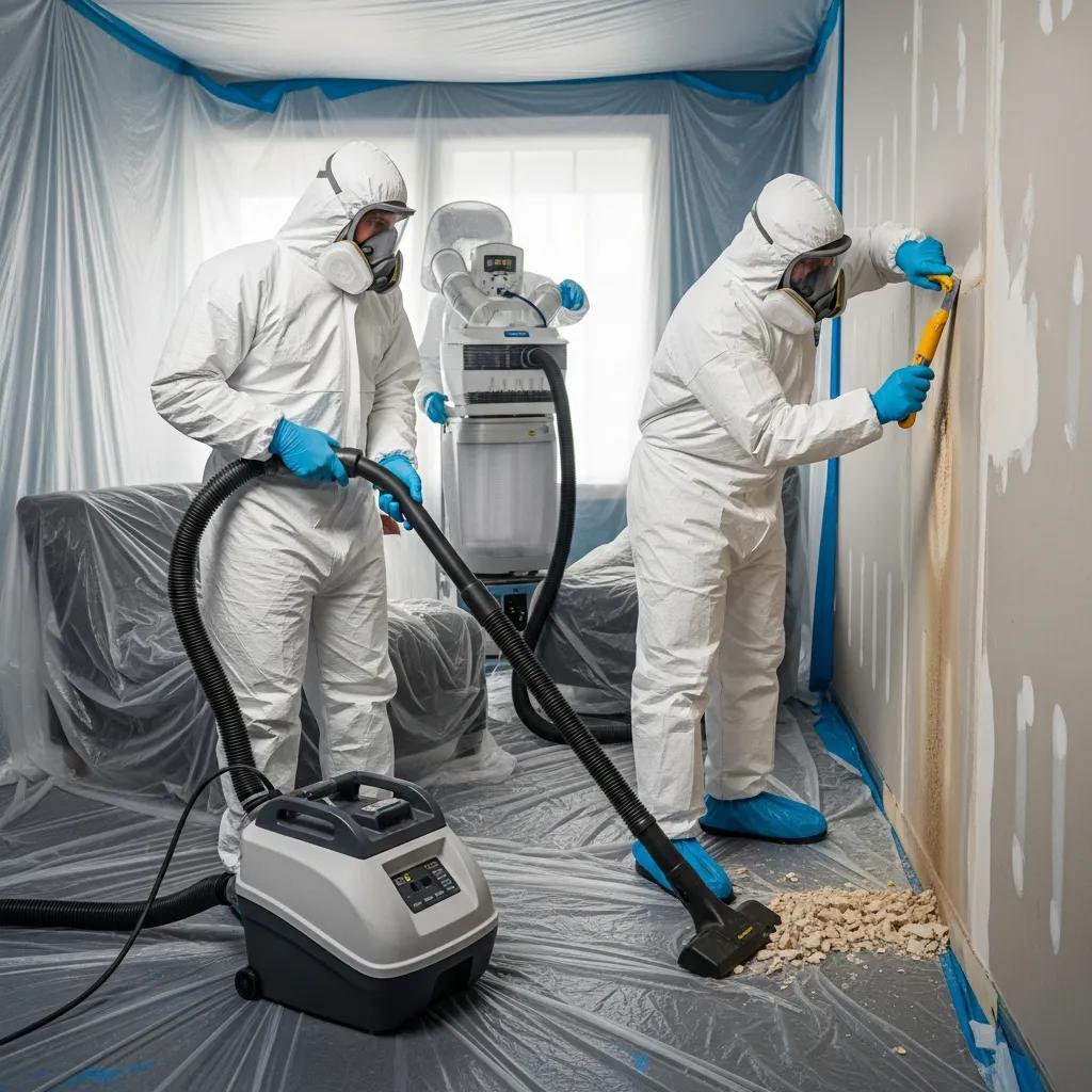 Technicians performing mold remediation in a home, showcasing the importance of health risk prevention