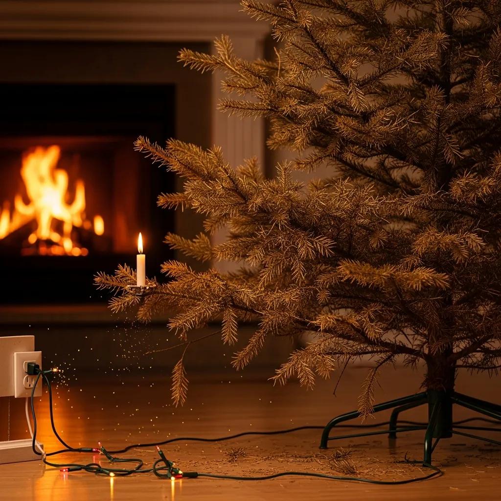 Diagram showing common causes of Christmas tree fires: electrical faults, dry needles, heat sources