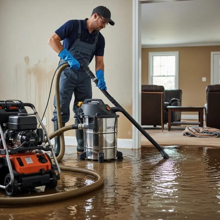 Water damage restoration technician extracting water from a flooded home, emphasizing emergency repair services, Water Damage Restoration in Franklin, TN