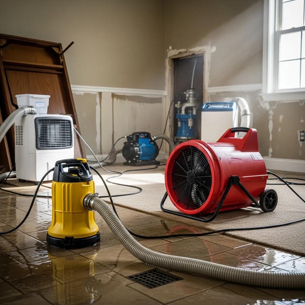 Water extraction equipment in use in a water-damaged area