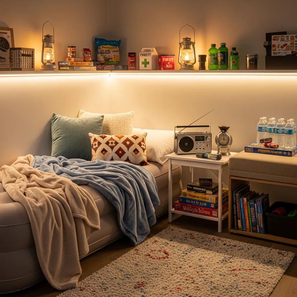 Safe room set up for sheltering in place with supplies and a radio