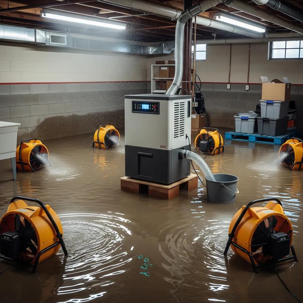Dehumidifier and high-velocity fans in a flooded basement, demonstrating effective drying methods to prevent mold growth