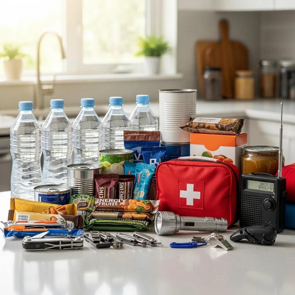 Prepared emergency kit with water, food, and first aid supplies