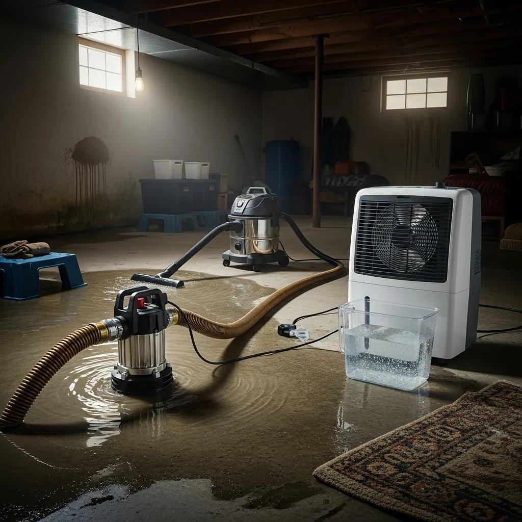 Emergency water removal equipment including a submersible pump, wet/dry vacuum, and dehumidifier in a flooded basement