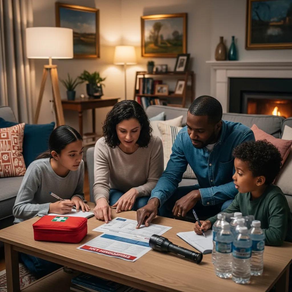 Family discussing their emergency plan in a cozy living room with emergency supplies