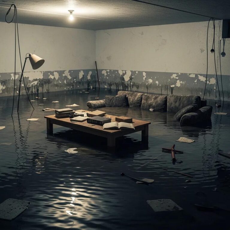 Flooded basement with water covering the floor and damaged furniture, illustrating the impact of water damage