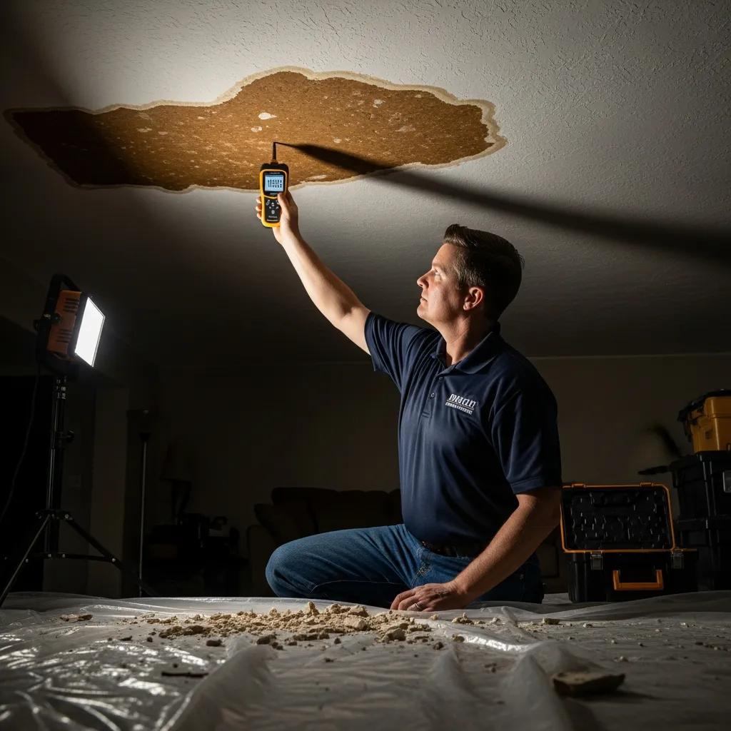 Professional technician inspecting ceiling water damage with moisture detection tools