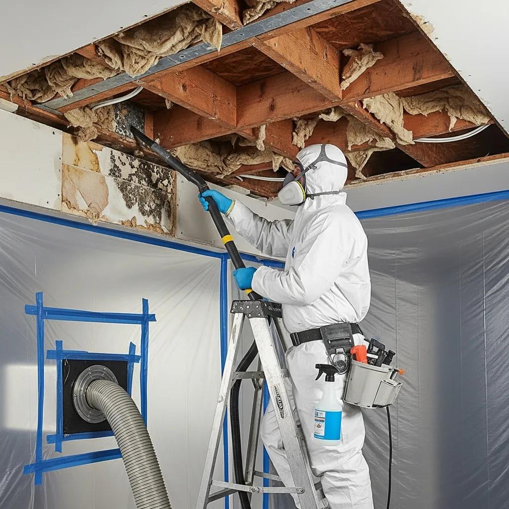 Certified technician performing mold remediation in a ceiling cavity with protective gear