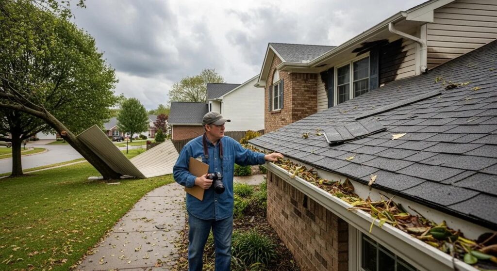 Homeowner doing a visual storm damage check on a residential property