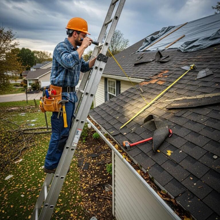 Homeowner conducting a DIY storm damage assessment on a residential property
