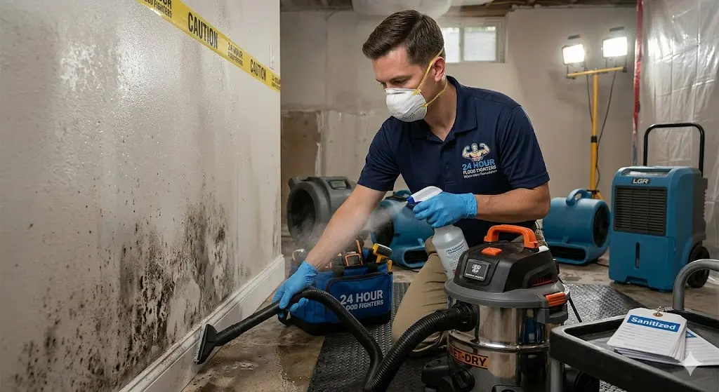 A technician cleaning up mold