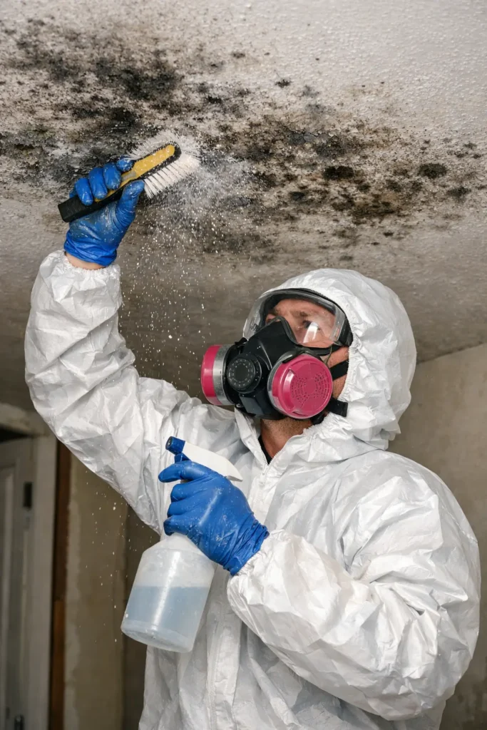 a technician using a moisture meter on a ceiling
