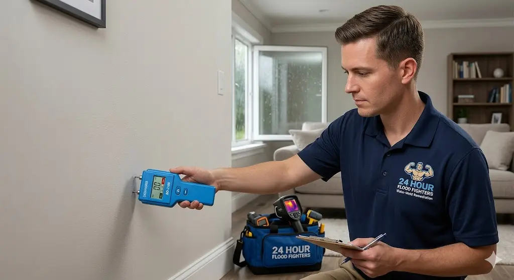 A technician using a moisture meter on a wall