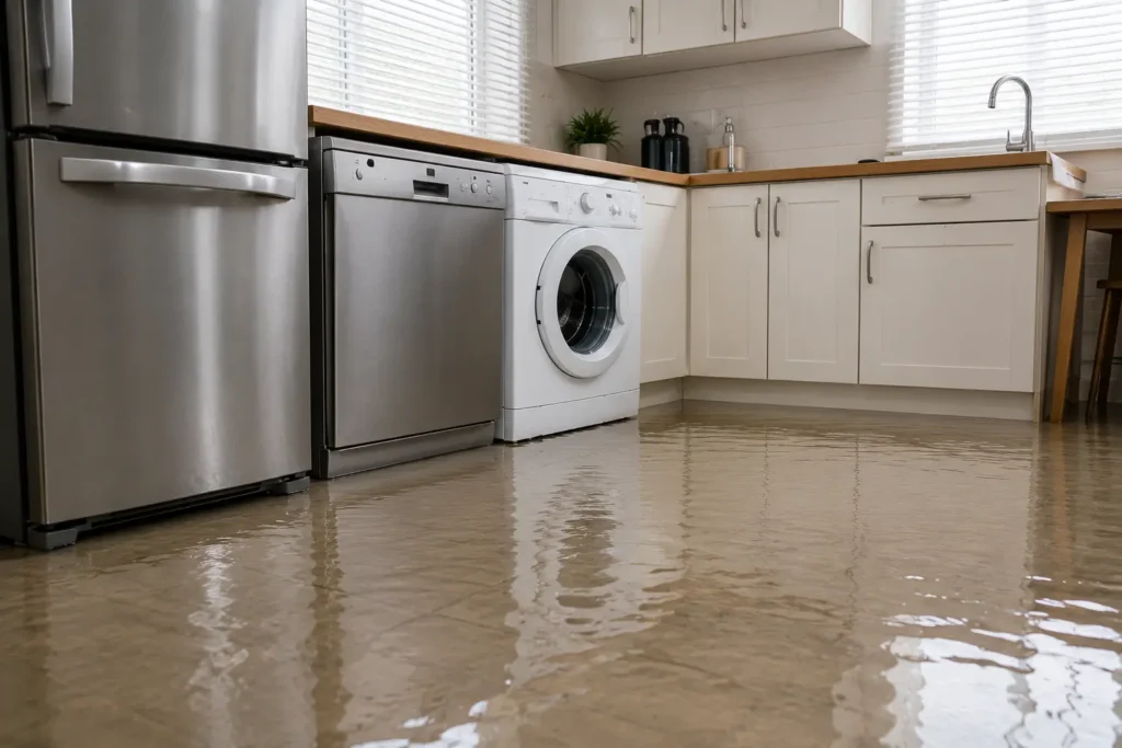 kitchen floor flooded with water