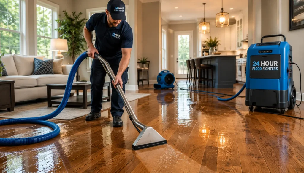technician extracting water from hardwood floor