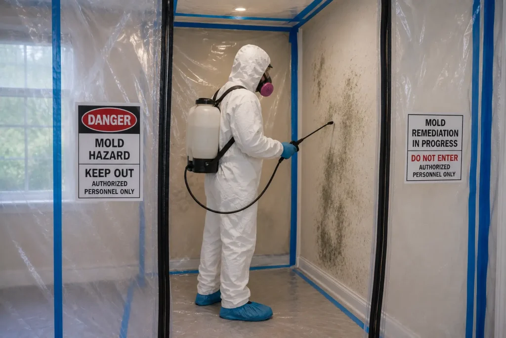 Certified technician performing black mold removal inside a sealed containment area while wearing full PPE and applying professional antimicrobial treatment.