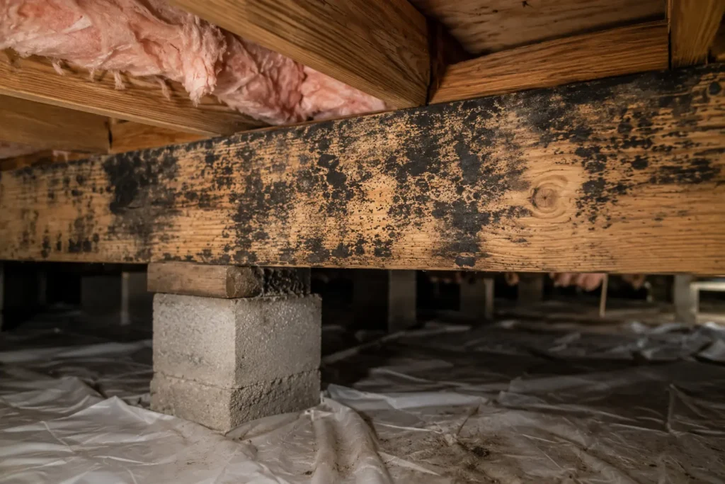 Visible black mold discoloration on a crawl space floor joist caused by excess moisture beneath a residential home