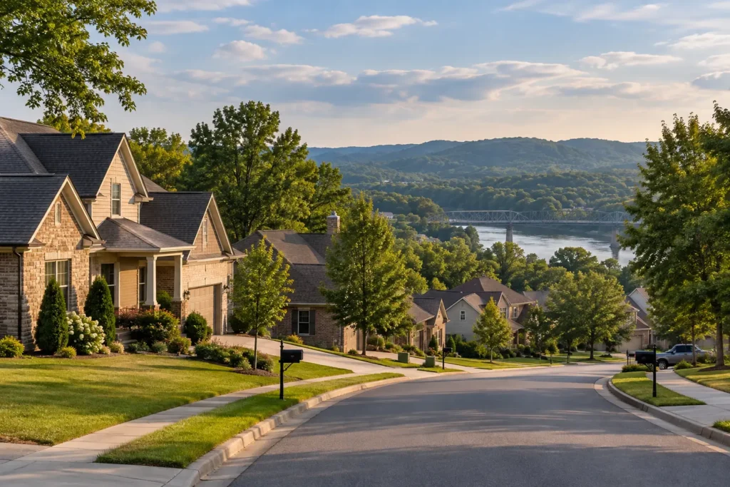 Suburban neighborhood in Ashland City, Tennessee, with brick homes, tree-lined streets, rolling hills, and the Cumberland River in the distance.