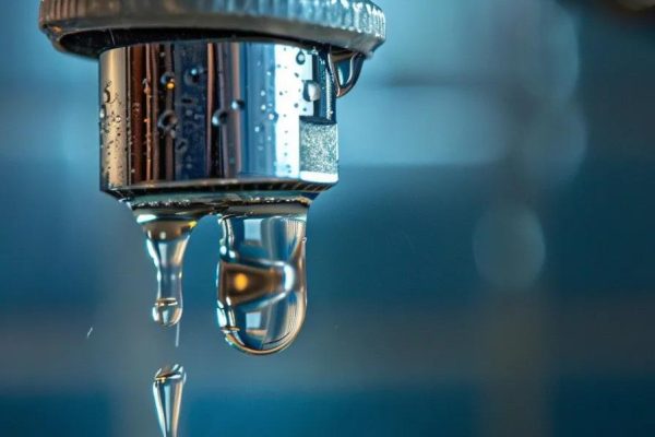 Close-up of a dripping kitchen faucet highlighting water conservation issues