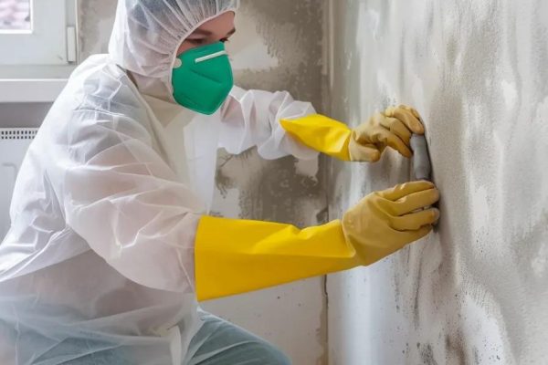 Apartment interior showcasing mold removal process with technician in protective gear