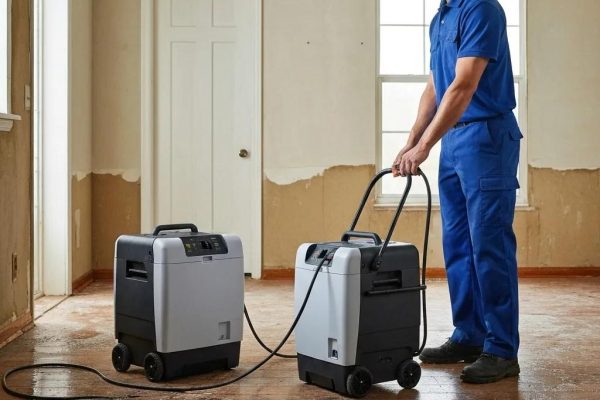 Professional technician using drying equipment in a water-damaged home, highlighting structural drying techniques