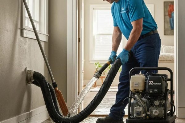 Water damage restoration technician extracting water in a flooded home